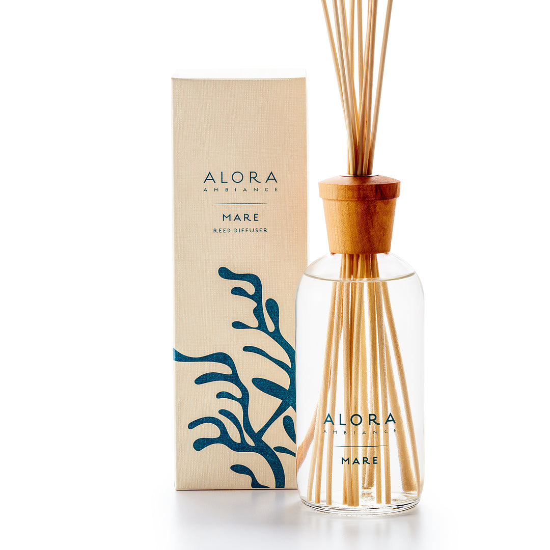 Alora Ambiance 16oz Mare reed diffuser with glass bottle and wooden cap next to tan box with blue kelp pattern on it.