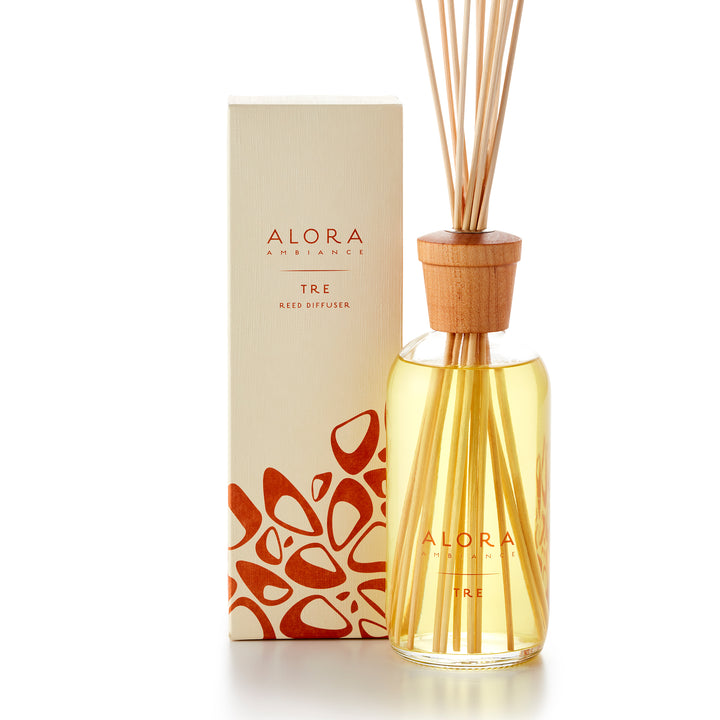 Alora Ambiance 16oz Tre reed diffuser with glass bottle and wooden cap next to tan box with orange triangular pattern on it.