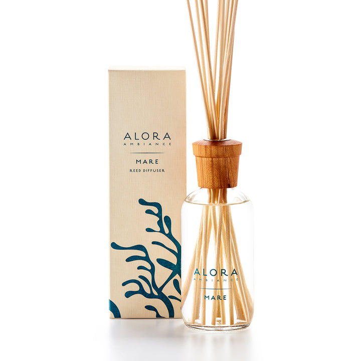 Alora Ambiance 8oz Mare reed diffuser with glass bottle and wooden cap next to tan box with blue kelp pattern on it.