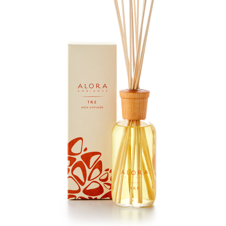 Alora Ambiance 8oz Tre reed diffuser with glass bottle and wooden cap next to tan box with orange triangular pattern on it.