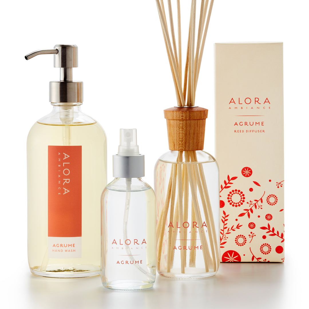 Agrume scented hand wash with stainless steel pump, reed diffuser by Agume box and room spray