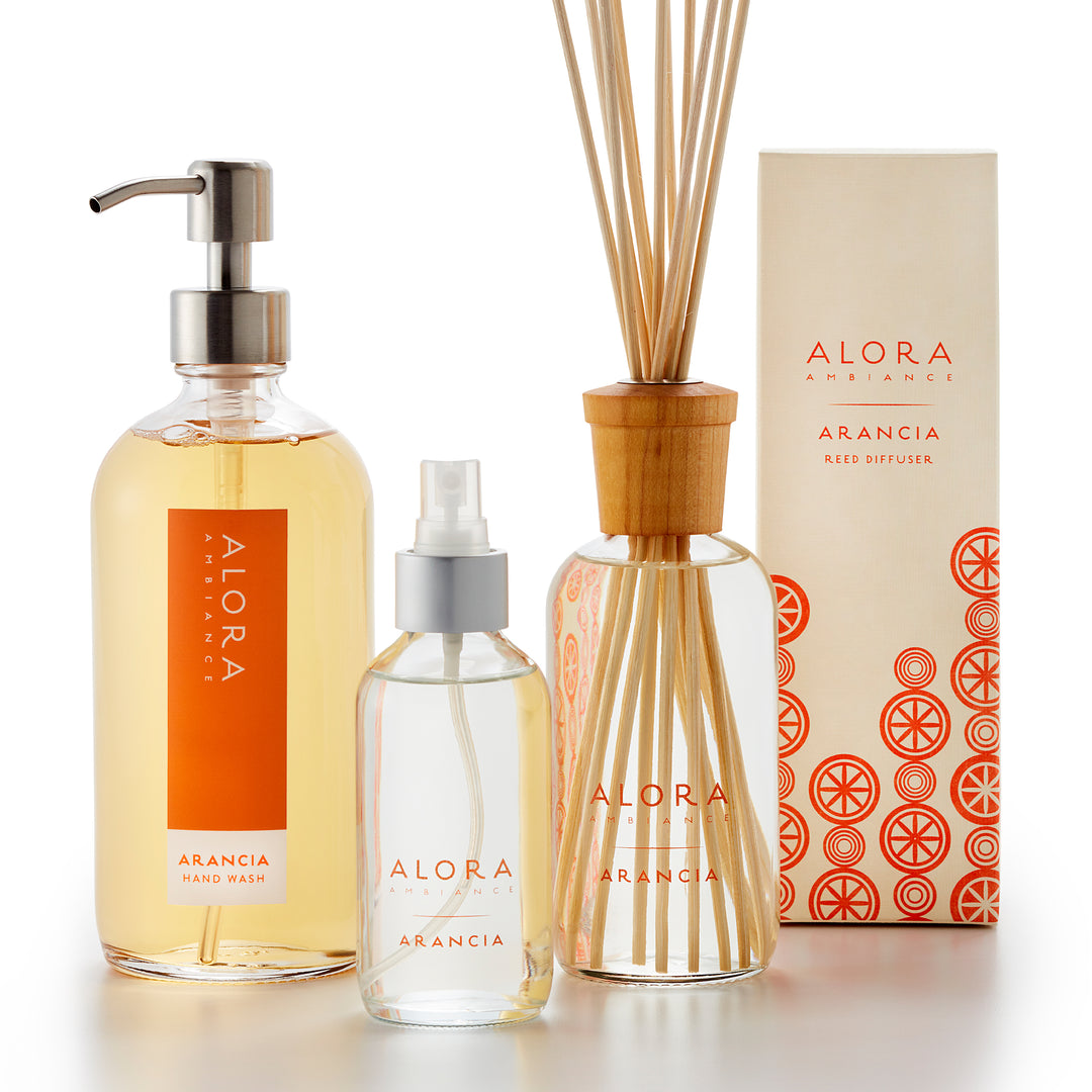 Arancia-scented hand wash with stainless steel pump, reed diffuser by Arancia box and room spray bottle
