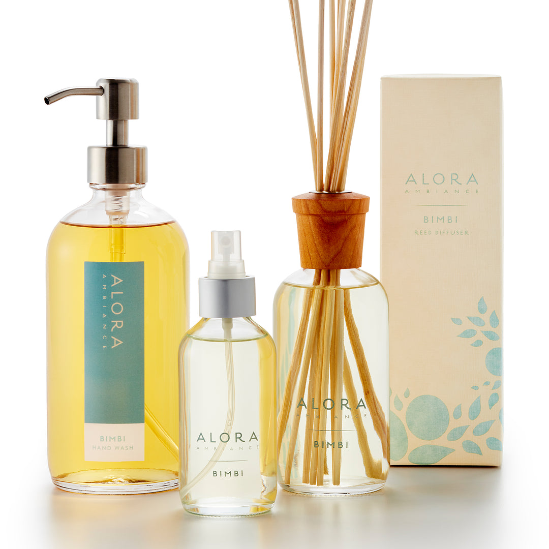Bimbi-scented hand wash, reed diffuser by Bimbi box and room spray bottle