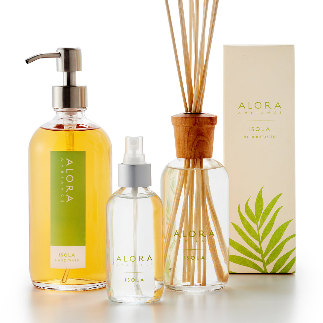 Isola-scented hand wash with stainless steel pump, room spray bottle, and reed diffuser with box