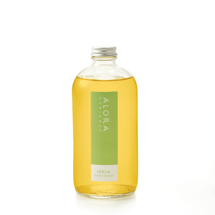 Isola-scented hand wash in glass bottle with metal cap
