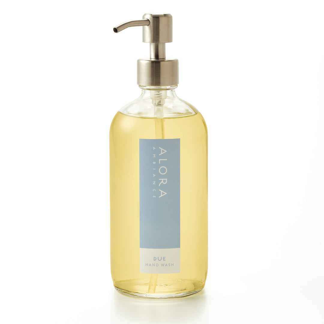 Due-scented hand wash in glass bottle with stainless steel pump