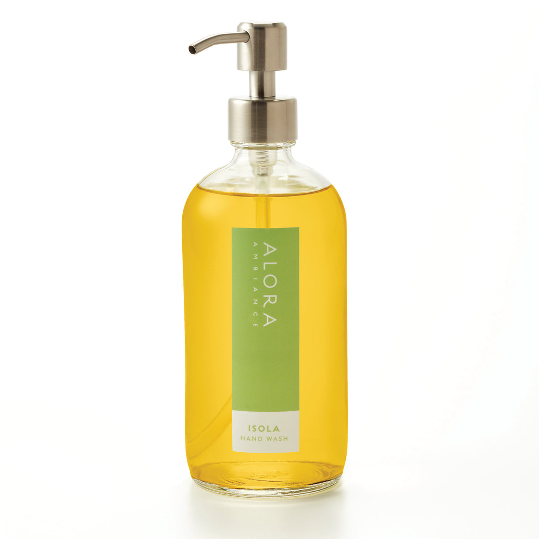 Isola-scented hand wash in glass bottle with stainless steel pump