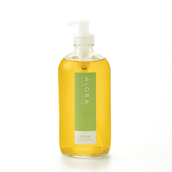 Isola-scented hand wash in glass bottle with white plastic pump