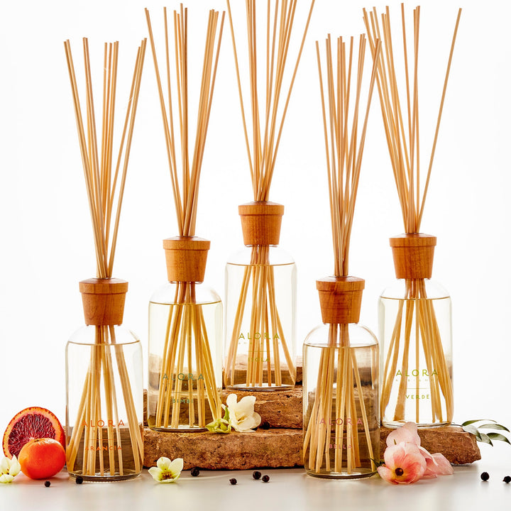 Five Alora reed diffusers sitting on stones against white backdrop