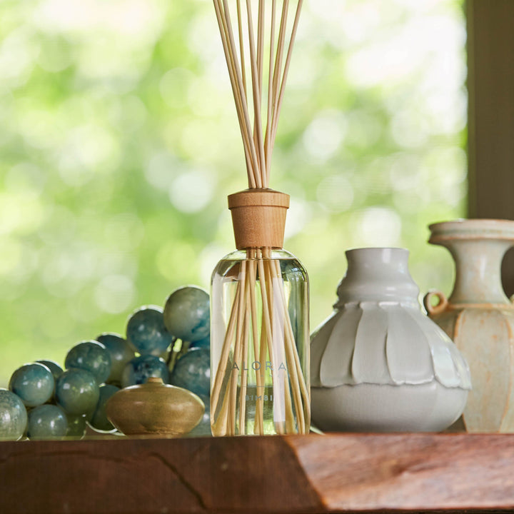 Bimbi reed diffuser on a wooden shelf alongside two white vases and a blue glass decor piece