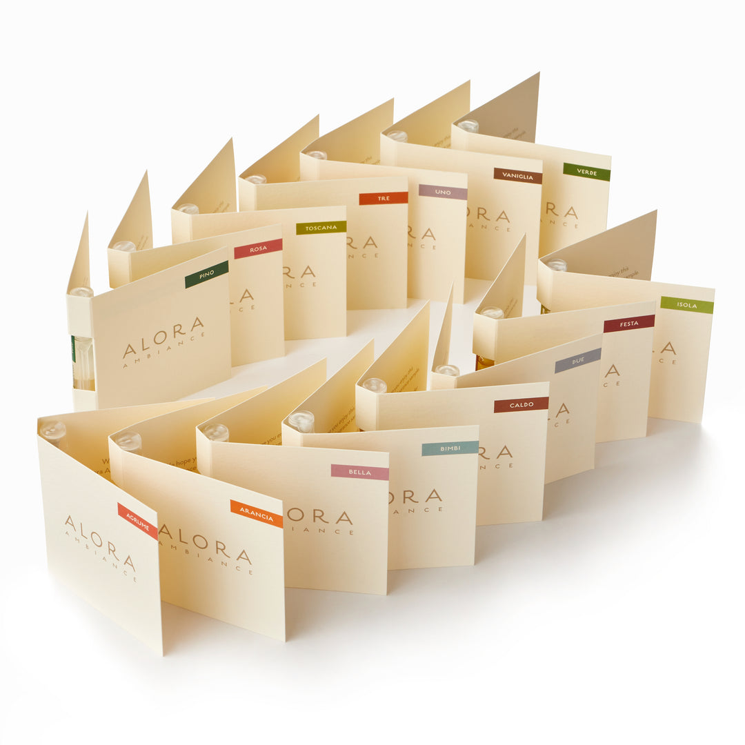15 Alora Ambiance folded sample cards with a small vial inside each