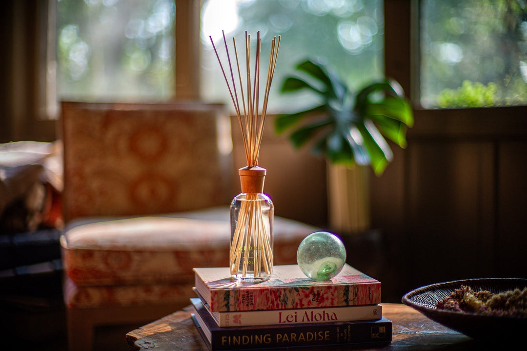 reed diffuser on a stack of books in a living room