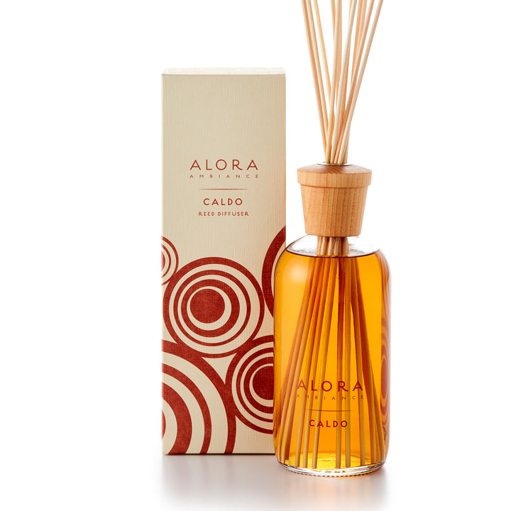 Alora Ambiance 16oz Caldo reed diffuser with glass bottle and wooden cap next to tan box with burnt orange circular pattern on it.