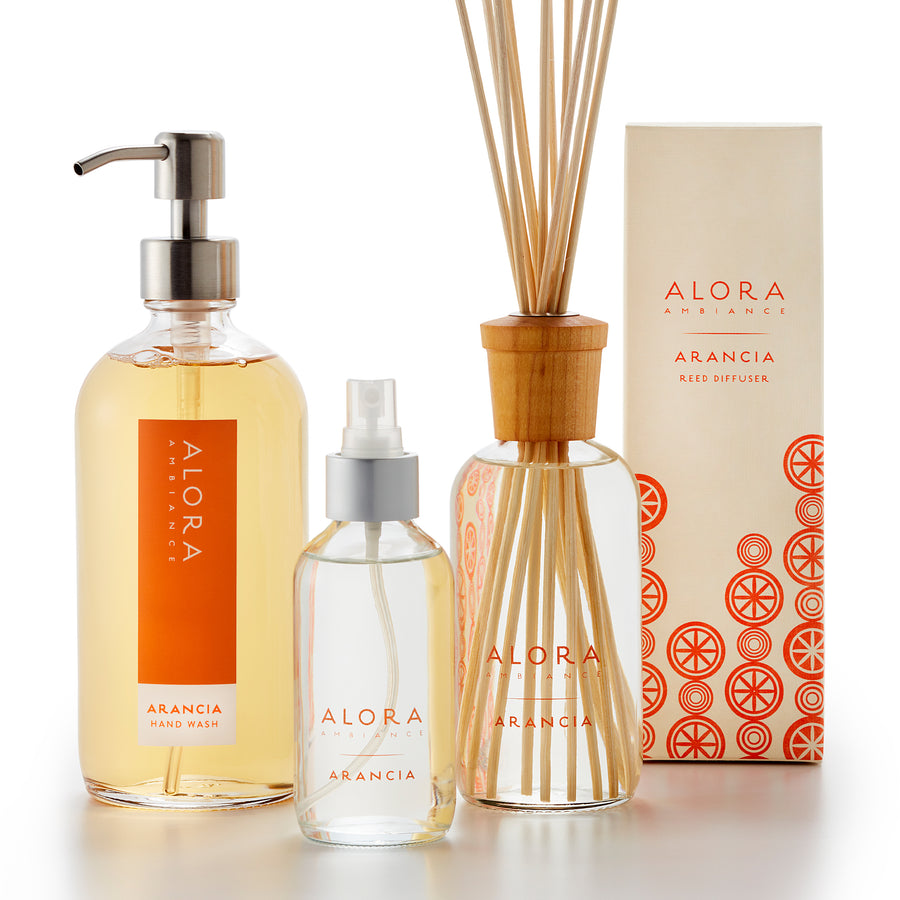Arancia-scented hand wash with stainless steel pump, reed diffuser by Arancia box and room spray bottle