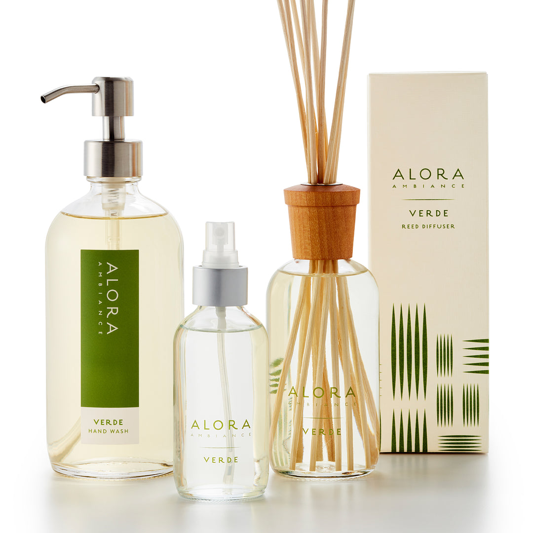 Verde hand wash with stainless steel pump, Verde reed diffuser by Verde box and Verde room spray bottle