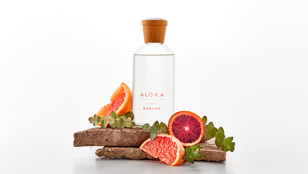 Agrume diffuser bottle by eucalyptus sprigs, grapefruit and orange slices