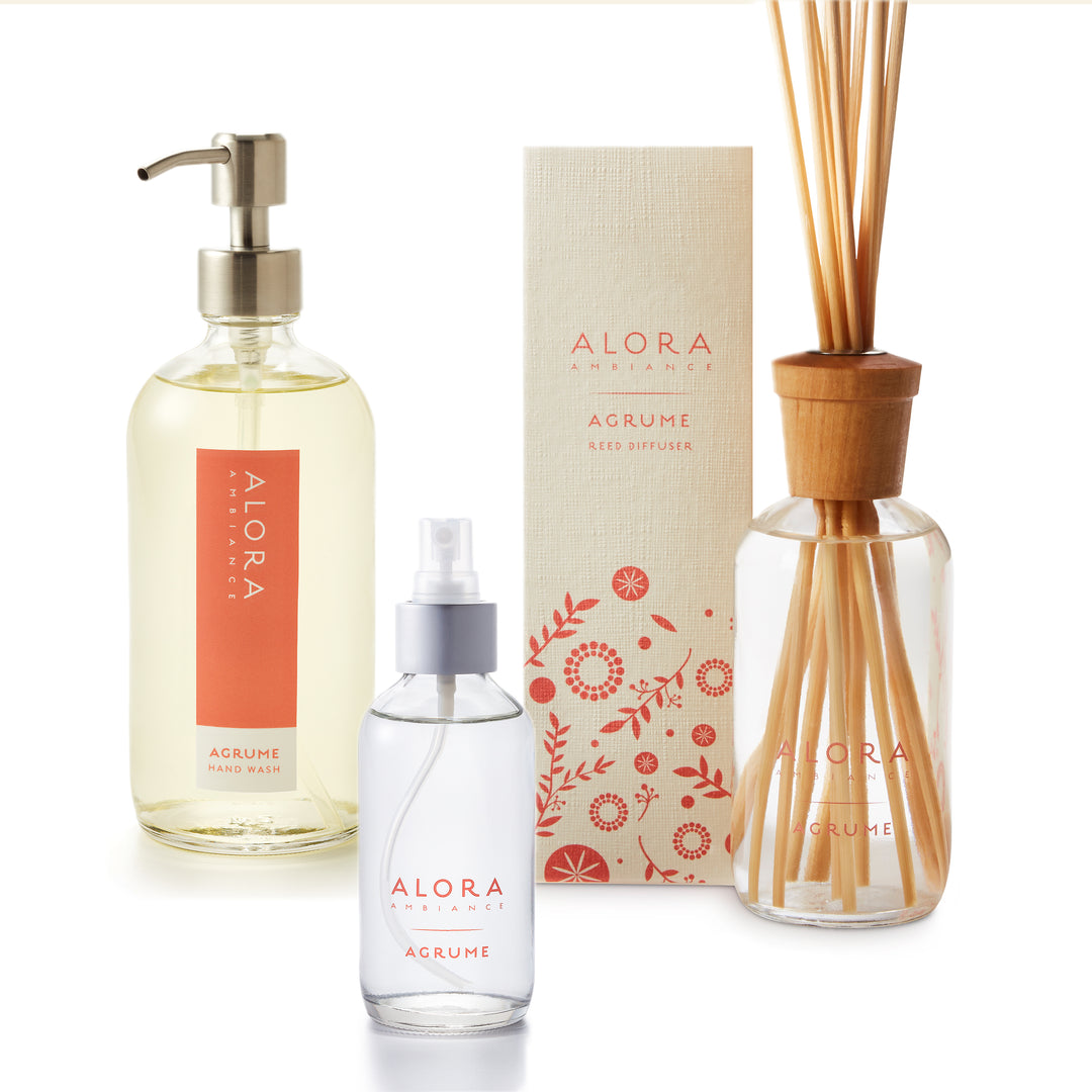 Agrume scented hand wash with stainless steel pump, reed diffuser, and room spray