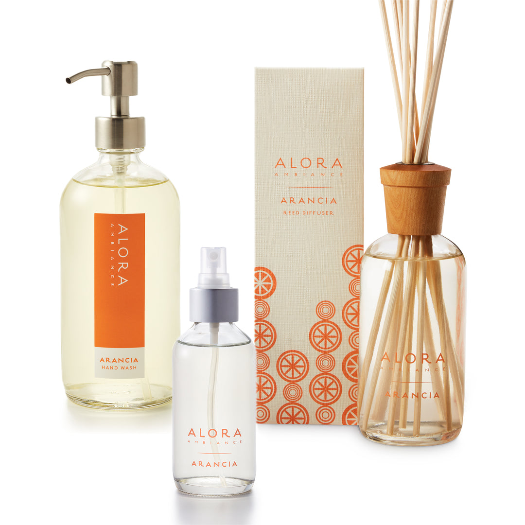 Arancia-scented hand wash with stainless steel pump, reed diffuser, and room spray bottle