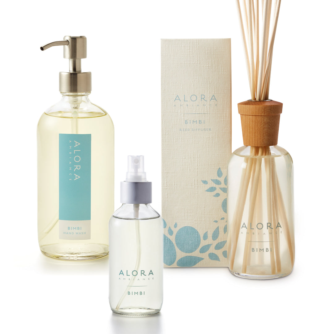 Bimbi-scented hand wash, reed diffuser. and room spray bottle