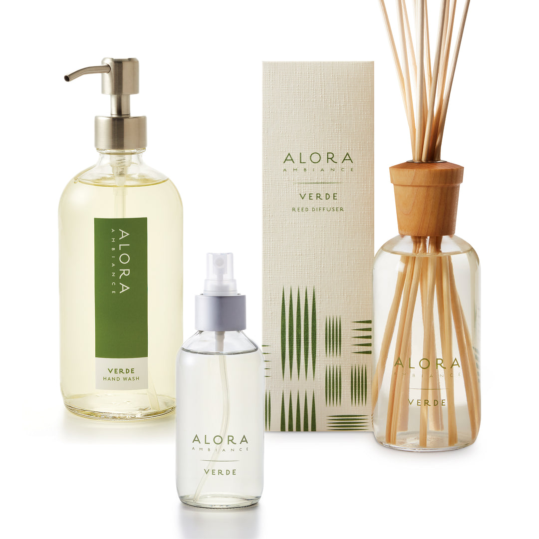 Verde hand wash with stainless steel pump, Verde reed diffuser and Verde room spray bottle